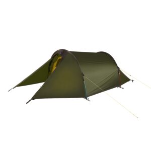 Olive-green tunnel tent with an extended vestibule revealing a yellow inner tent, two curved support poles and bright guy lines staked out against a white background.