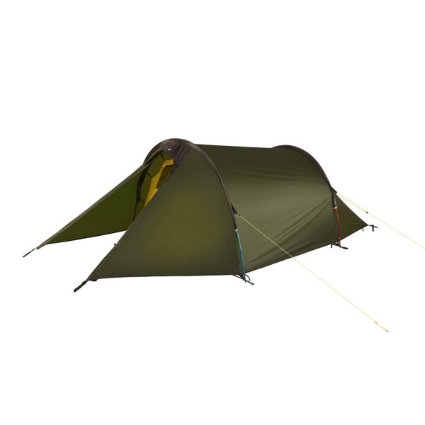 43SL2.Starlite.2-3.jpg Olive-green tunnel tent with an extended vestibule revealing a yellow inner tent, two curved support poles and bright guy lines staked out against a white background.