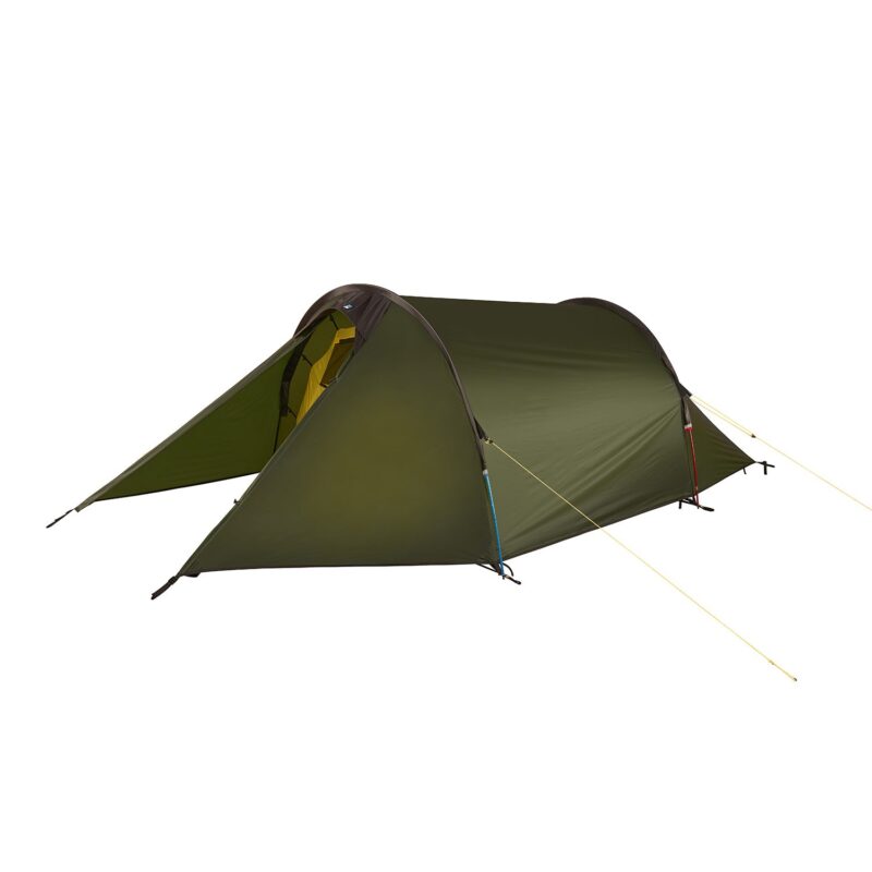 43SL2.Starlite.2-3.jpg Olive-green tunnel tent with an extended vestibule revealing a yellow inner tent, two curved support poles and bright guy lines staked out against a white background.