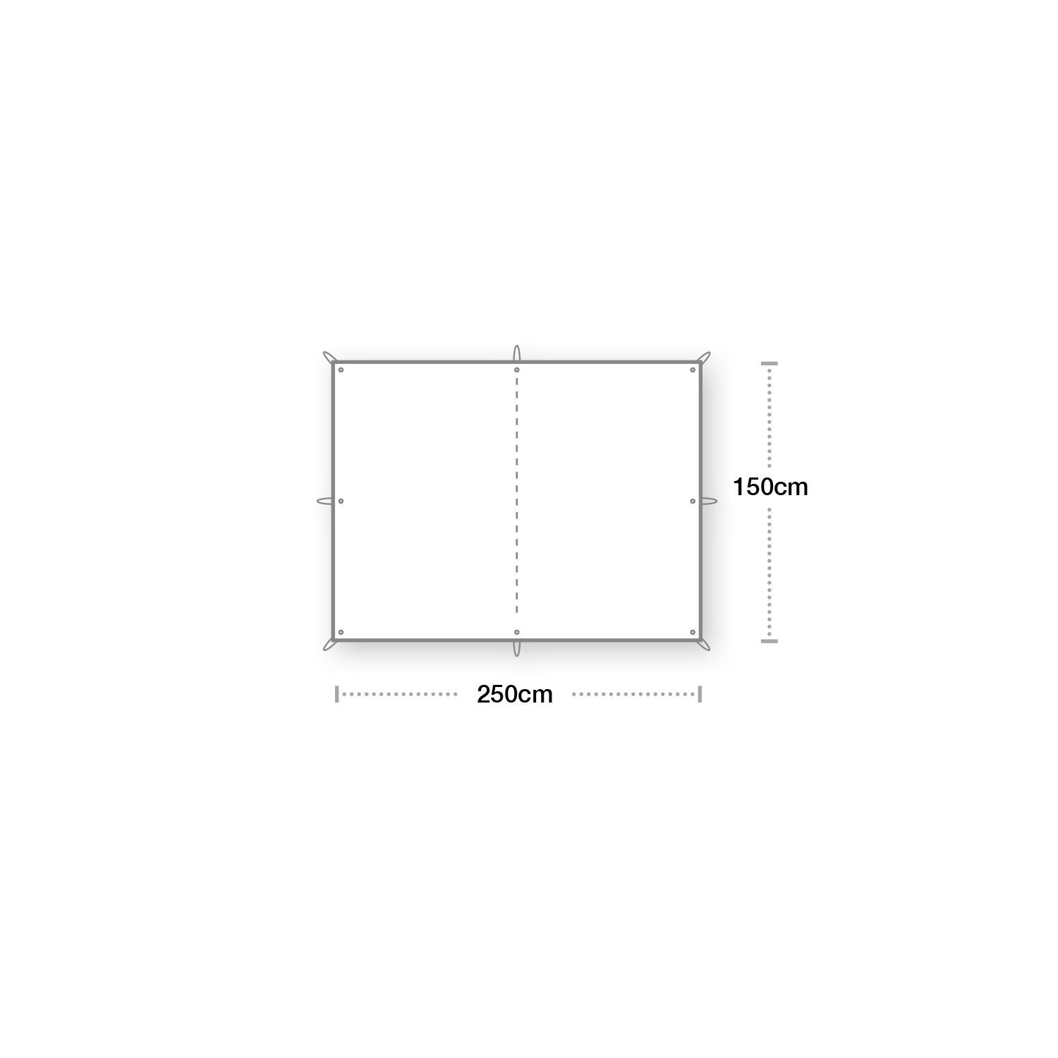 Rectangular diagram of a tarp showing fastening loops at each corner and mid-sides, a dashed central vertical fold line, and dimensions labelled 250 cm width and 150 cm height.