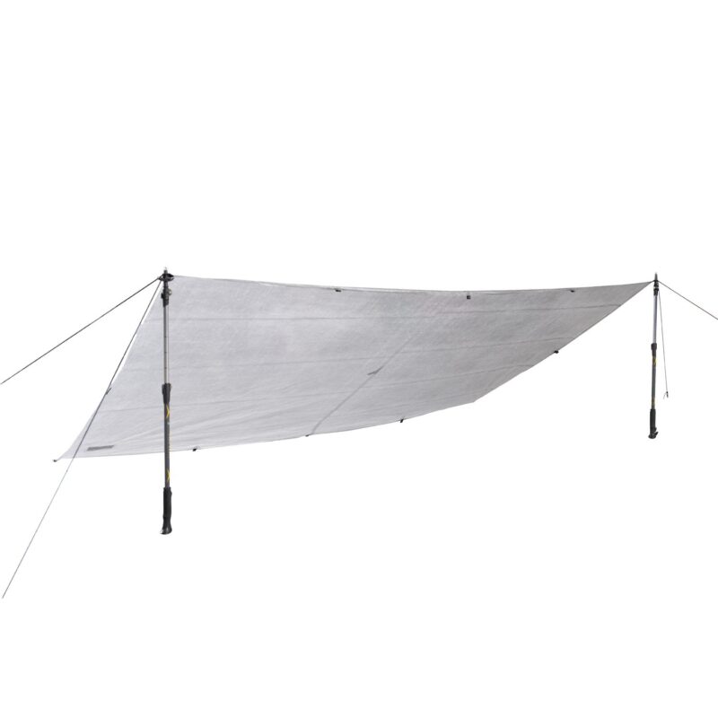 43TU1-ultra-tarp-1-square-3.jpg Light grey rectangular camping tarp stretched into a low angled shelter, tensioned by two adjustable trekking poles with guy lines and stake points against a white background.