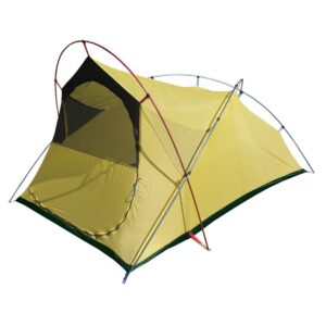 Yellow two-person backpacking tent with red and silver crossed poles, a mesh entrance and dark green floor trim set against a white background