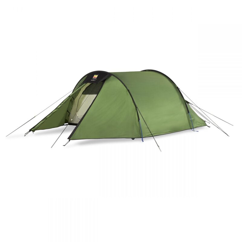44HOO3-Hoolie-3-2500x2500-1-e1636727794635-1.jpg Green tunnel-style camping tent with black trim and blue pole accents, featuring a small open front vestibule revealing a pale inner tent and multiple guy lines, shown on a white background.