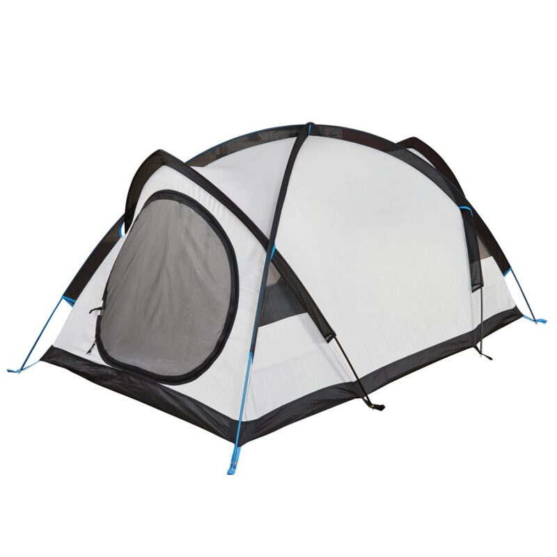 44TR2D2-Trisar-2D-Inner-1500x1500px-3.jpg Freestanding dome camping tent with white fabric, black trim and blue poles, featuring a large circular zippered mesh door and a low black bathtub floor shown on a white background