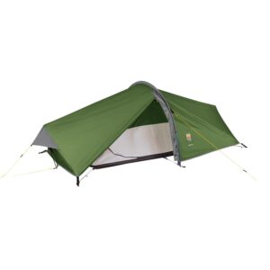 44ZC2V3-Zephyros-Compact-2-V3-Cactus-Green-1500x1500px-3.jpg Low-profile green single-person tunnel tent with a grey arched pole and yellow guy lines, partially open to reveal pale mesh inner and dark groundsheet.