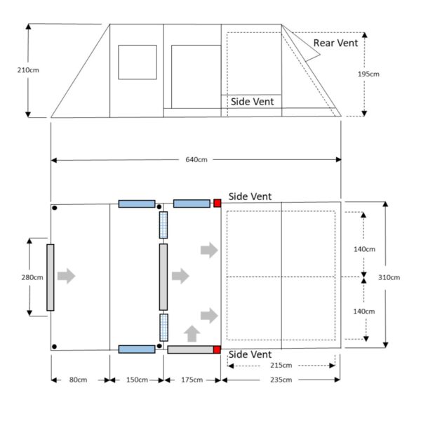 44ZON4E-Floorplan-1500x1500-1-1.jpg Plan and elevation schematic of a large multi-room awning or tent showing overall length 640 cm and depth 310 cm, labelled side and rear vents, internal partitions and dashed sleeping areas, windows and doors, grey arrows indicating airflow, and elevation heights marked 210 cm and 195 cm.