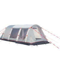 Spacious grey tunnel-style camping tent with three large clear front windows, arched poles, dark waterproof base and bright red guy lines anchored outward, photographed against a white background.
