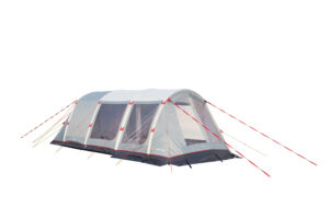 Spacious grey tunnel-style camping tent with three large clear front windows, arched poles, dark waterproof base and bright red guy lines anchored outward, photographed against a white background.