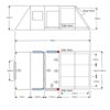 Technical elevation and floor-plan diagram of a large 640 cm awning/tent showing a 210 cm front height and 195 cm rear vent, labelled side and rear vents, three dashed sleeping compartments on the right, internal dividing panels, airflow arrows and detailed sectional dimensions.