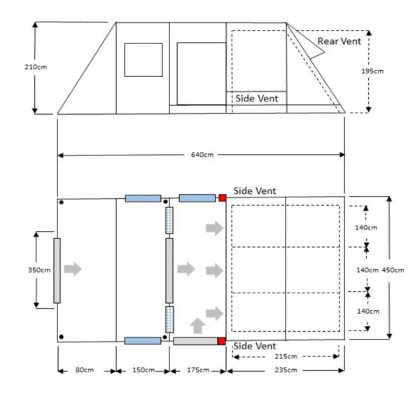 Technical elevation and floor-plan diagram of a large 640 cm awning/tent showing a 210 cm front height and 195 cm rear vent, labelled side and rear vents, three dashed sleeping compartments on the right, internal dividing panels, airflow arrows and detailed sectional dimensions.
