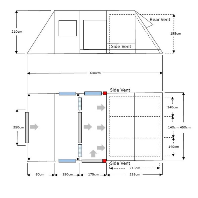 Technical elevation and floor-plan diagram of a large 640 cm awning/tent showing a 210 cm front height and 195 cm rear vent, labelled side and rear vents, three dashed sleeping compartments on the right, internal dividing panels, airflow arrows and detailed sectional dimensions.