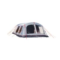 Spacious grey and dark-blue tunnel-style family tent with a large arched door, multiple clear and mesh windows and red guy lines staked out, shown on a plain white background.