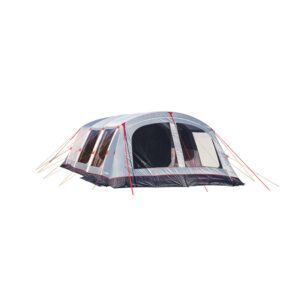 44ZON6E-Zonda-6EP-cut-out-1500x1500-72dpi-1.jpg Spacious grey and dark-blue tunnel-style family tent with a large arched door, multiple clear and mesh windows and red guy lines staked out, shown on a plain white background.