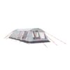 Large light-grey tunnel-style family tent with several arched poles, transparent mesh windows and a front entrance, dark grey base and staked-out red guy lines.