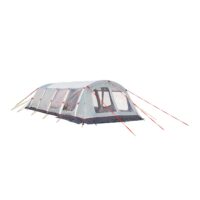 Large light-grey tunnel-style family tent with several arched poles, transparent mesh windows and a front entrance, dark grey base and staked-out red guy lines.
