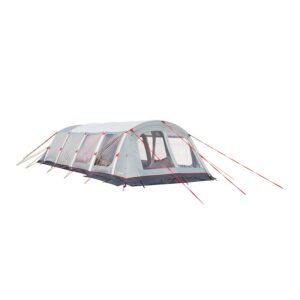 44ZON8E-Zonda-8EP-1500x1500-72dpi-1.jpg Large light-grey tunnel-style family tent with several arched poles, transparent mesh windows and a front entrance, dark grey base and staked-out red guy lines.
