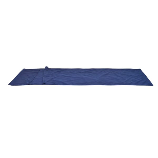 45PCEL-Envelope-Sleeping-Bag-Liner-1500x1500-1-1.jpg Navy blue rectangular sleeping-bag liner laid flat with a folded pillow section and light creases on a white background