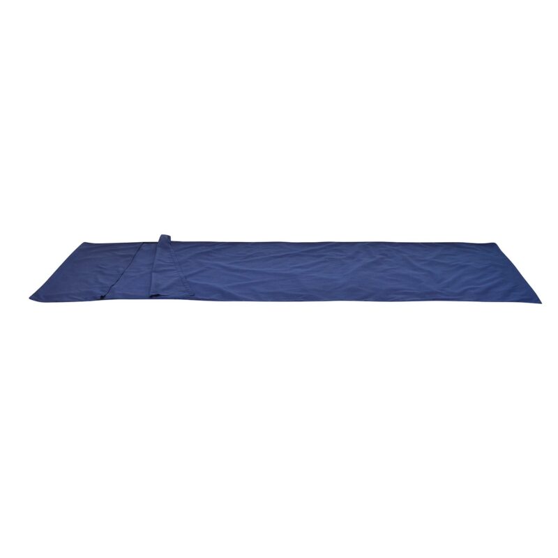 Navy blue rectangular sleeping-bag liner laid flat with a folded pillow section and light creases on a white background