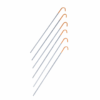 Six long metal tent pegs with orange hooked tops arranged diagonally on a white background