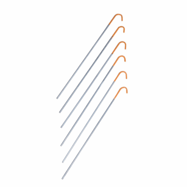 Six long metal tent pegs with orange hooked tops arranged diagonally on a white background