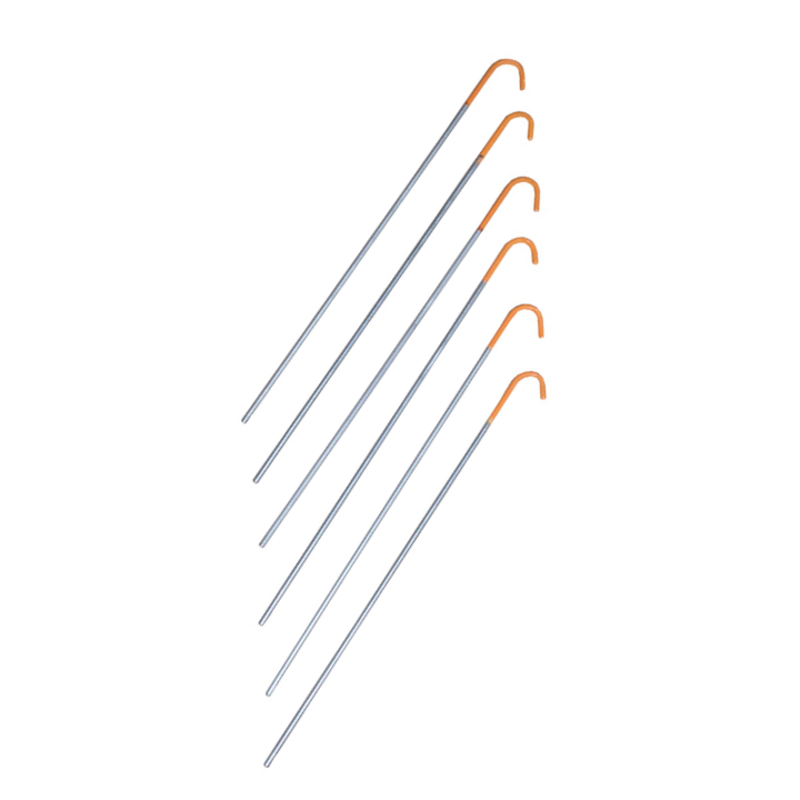 Six long metal tent pegs with orange hooked tops arranged diagonally on a white background