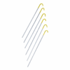 50PEGS2-Titanium-2g-Pegs-700x700px-3.png Six long silver metal tent pegs with yellow hooked plastic tops arranged diagonally on a white background.