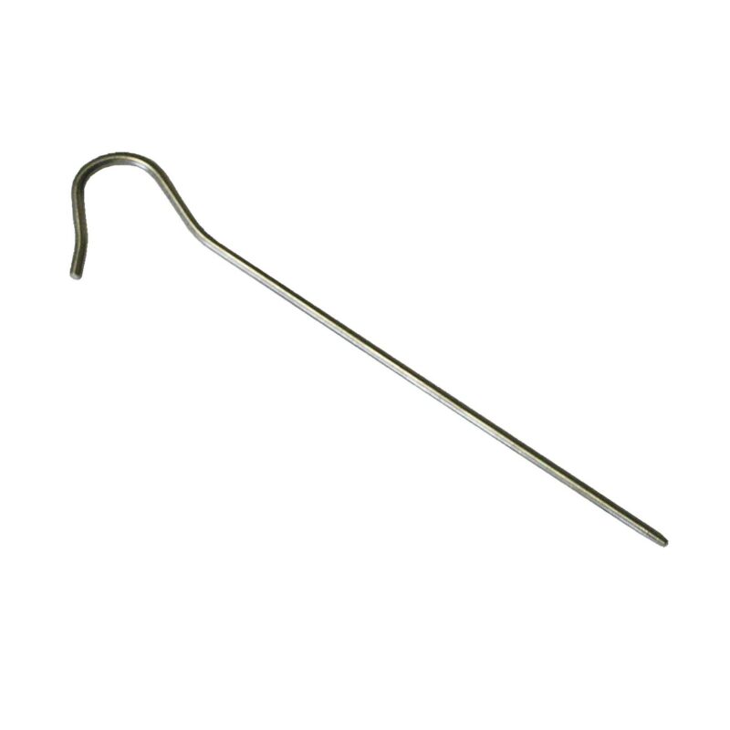 50PEGSTI-5.5g-Titanium-Skewers-3.jpg Long slender stainless-steel rod with a curved hook at one end and a straight tapered shaft, shown on a plain white background.