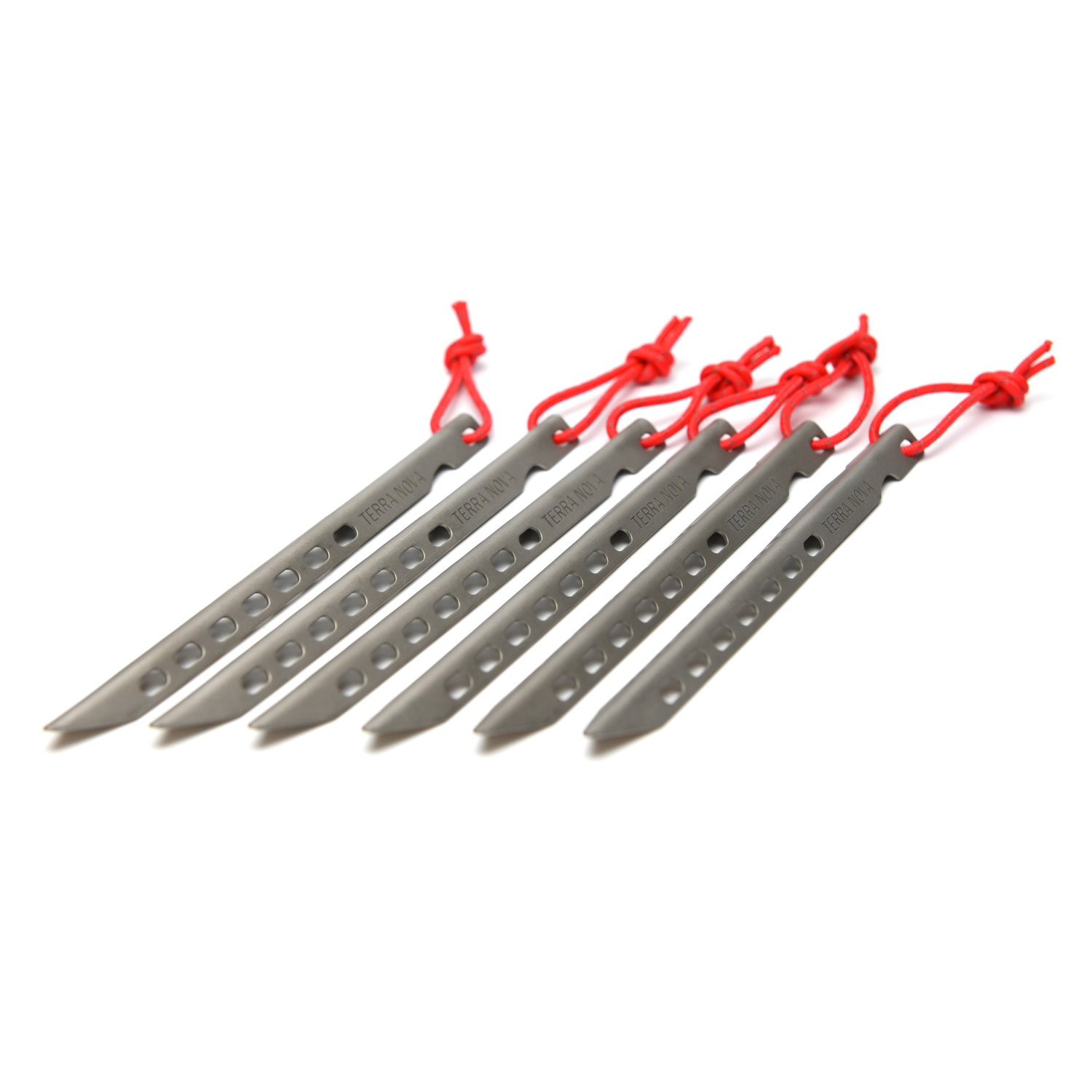 50PEGT10-11g-Superlite-Ti-V-Angle-Pegs-Pack-of-6-1500x1500px-72dpi-3.jpg Six slim grey metal tent pegs with pointed tips and rows of oval holes, each fitted with a knotted red cord loop, arranged diagonally on a white background.