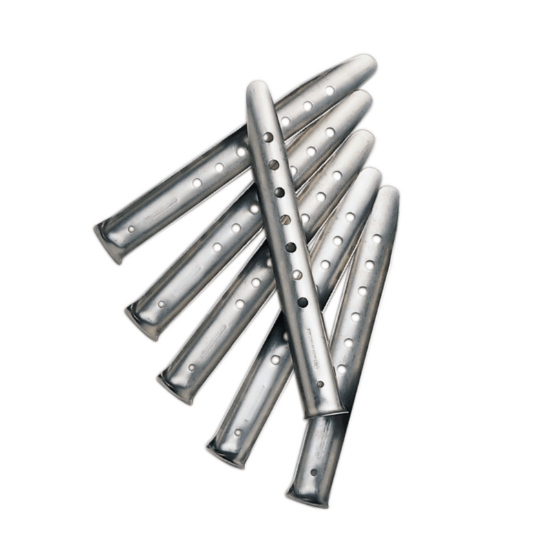 50SOS-35g-Stakes-1500x1500px-3.png Six slender perforated silver metal tubes fanned out against a white background, each with evenly spaced circular holes and rounded ends.
