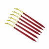 50TFTMTP15-Terra-Firma-Mini-peg-pack-of-6-2000px-3.png Six red anodised aluminium tent pegs with yellow cord loops, arranged in a fanned diagonal row on a white background, each engraved TERRA-NOVA.CO.UK.