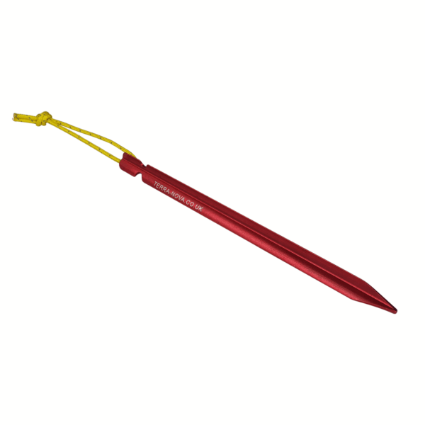 50TFTMTP15-Terra-Firma-Mini-peg-single-1500x1500px-3.png Red anodised aluminium tent peg with 'TERRA-NOVA.CO.UK' printed on the shaft and a tied yellow cord loop at the top, shown against a plain white background.