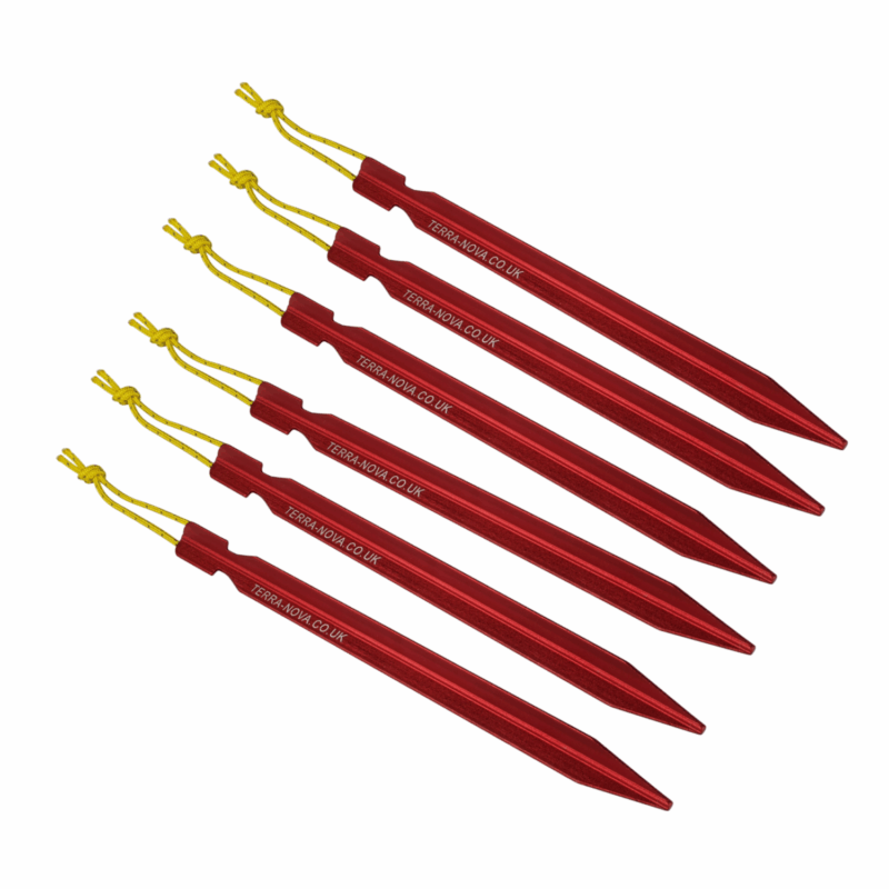 50TFTP18-Terra-Firma-Peg-pack-of-6-1500px-3.png Six red aluminium tent pegs with pointed ends arranged diagonally, each imprinted with TERRA-NOVA.CO.UK and fitted with a short yellow cord loop knotted at the top.