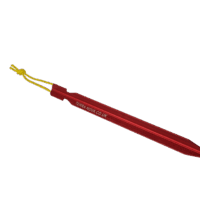 Red anodised aluminium tent peg with a pointed tip and embossed TERRA-NOVA.CO.UK logo, fitted with a short yellow cord loop and shown on a black background.