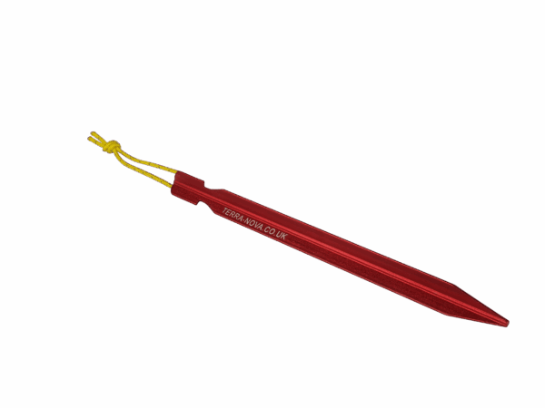 Red anodised aluminium tent peg with a pointed tip and embossed TERRA-NOVA.CO.UK logo, fitted with a short yellow cord loop and shown on a black background.