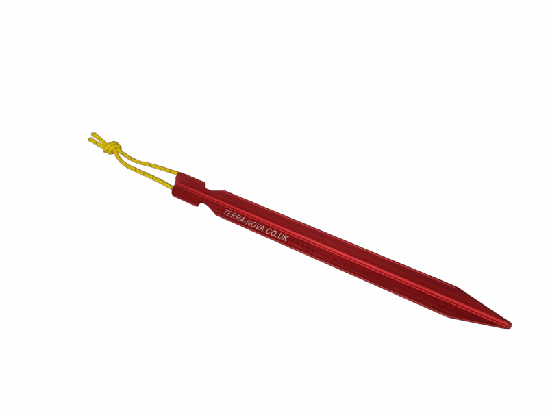 50TFTP18-Terra-Firma-Peg-single-3.png Red anodised aluminium tent peg with a pointed tip and embossed TERRA-NOVA.CO.UK logo, fitted with a short yellow cord loop and shown on a black background.