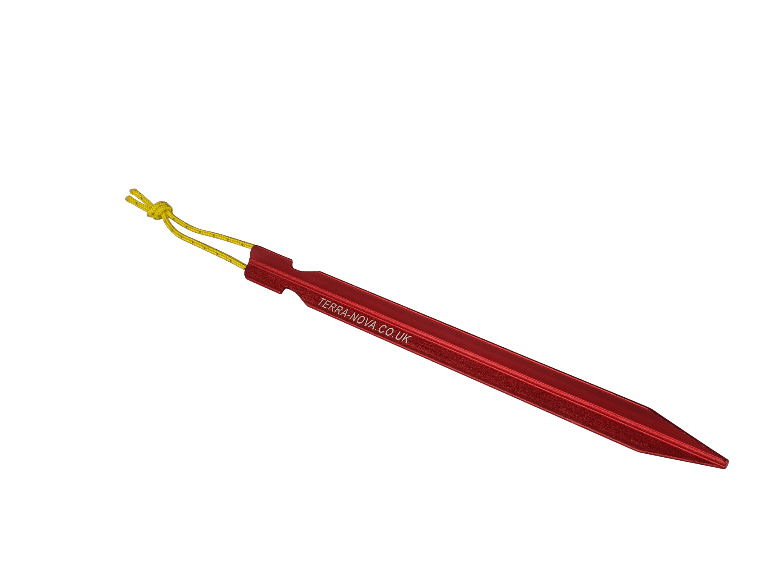 50TFTP18-Terra-Firma-Peg-single-3.png Red anodised aluminium tent peg with a pointed tip and embossed TERRA-NOVA.CO.UK logo, fitted with a short yellow cord loop and shown on a black background.
