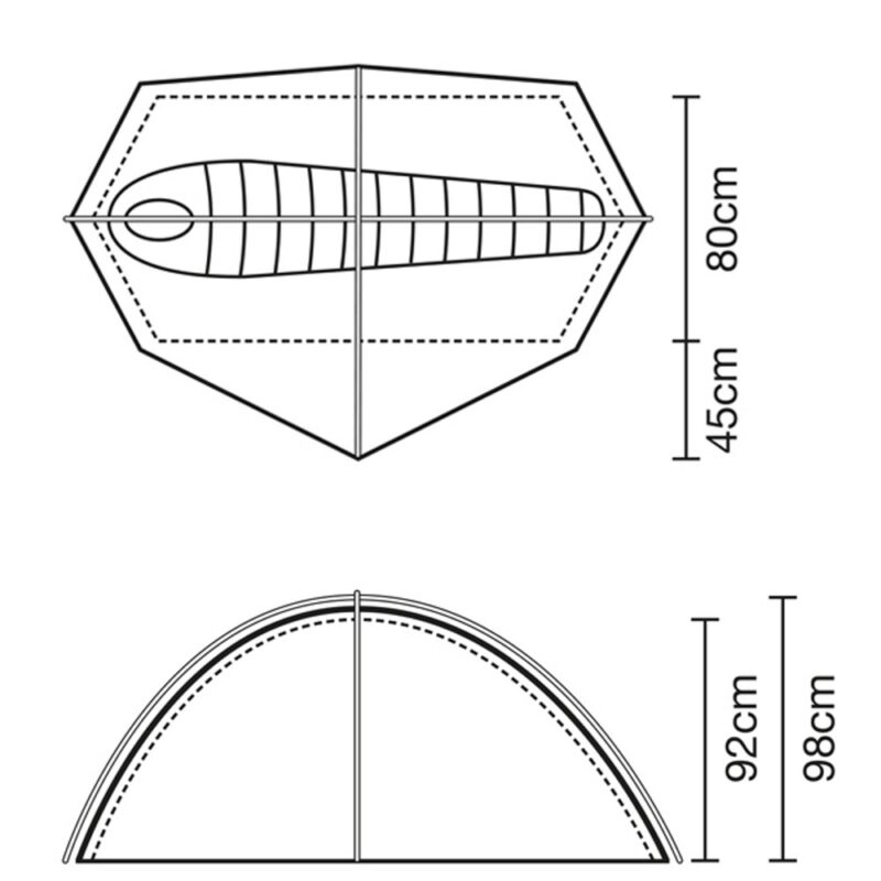 511214-01_XL4-1.jpg Technical black-and-white line drawings of a small tent: top-down plan shows a hexagonal footprint with a sleeping-bag-shaped inner mat and a central pole with a horizontal brace, labelled 80 cm and 45 cm at the right; front elevation shows the arched dome with a central pole and heights labelled 92 cm and 98 cm.