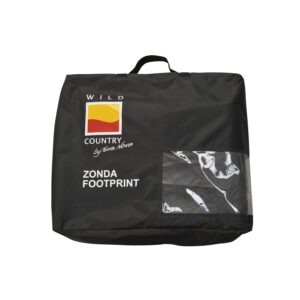 51ZDAFP-Zonda-Driveaway-Footprint-1500x1500-1-1.jpg Black rectangular carry bag with a short top handle, printed with a yellow-and-red Wild Country by Terra Nova logo and the words Zonda Footprint, plus a clear plastic window showing folded fabric inside