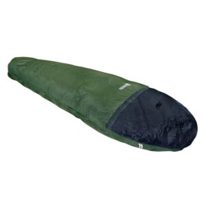 52ML-moonlite-bivi-green-version-correct-3.jpg Tapered green mummy-style sleeping bag with a black inner hood and visible zip at the foot, shown fully laid out on a white background