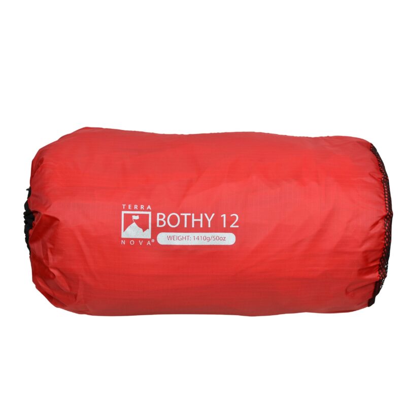 Red cylindrical stuff sack with white 'Terra Nova BOTHY 12' logo and 'WEIGHT: 1410g/50oz' text printed on the side, black mesh and drawstring visible at the ends.