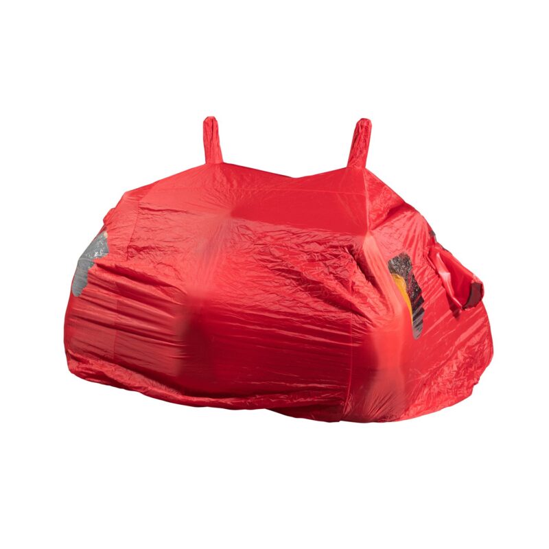 53B8-Bothy-8-in-use-cut-out-square-1.jpg Thin red protective car cover tightly stretched over a small car, with pronounced wrinkles, visible mirror pockets and reflective patches and two fabric carrying loops on top.