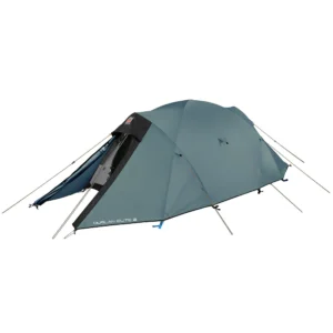 54 Murlan 2 EDIT Blue-grey two-person tunnel tent with a partially open black entrance canopy, external poles and guy lines staked out and the text Murlan Elite 2 printed on the side