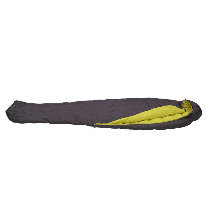 Dark grey mummy-style sleeping bag with bright yellow inner lining partially unzipped and laid flat on a white background.