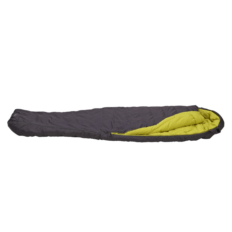 55E550-Elite-550-sleeping-bag-charcoal-1500x1500-1-1.jpg Tapered dark grey sleeping bag with a bright lime-green interior and partially open side zipper, laid flat on a white background.