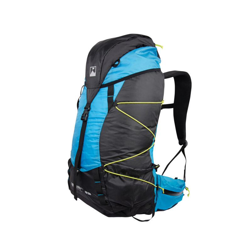 56LA35-Laser-35-Blue-Cut-Out-1500x1500-1-1.jpg Blue and black hiking backpack with a top lid, padded shoulder straps and hip-belt pockets, fitted with neon-yellow external bungee cords and adjustable compression straps