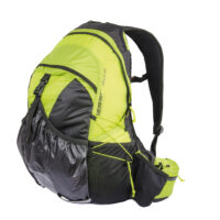 Lime-green and black hiking backpack shown from the right side on a white background, with a padded mesh shoulder strap, front bungee cord, elastic side pockets and zippered hip-belt pouches.