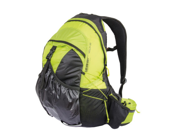 56LV30-Laser-Velo30-Pack-1.jpg Lime-green and black hiking backpack shown from the right side on a white background, with a padded mesh shoulder strap, front bungee cord, elastic side pockets and zippered hip-belt pouches.