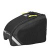 56LVFP-Laser-Velo-Frame-Pack-Black-1500x1500px-1.jpg Small black under-saddle bicycle bag in textured fabric with a zippered top, neon-yellow zipper pulls, a side pocket and a reflective diagonal strip.