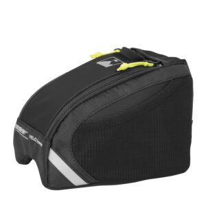 56LVFP-Laser-Velo-Frame-Pack-Black-1500x1500px-1.jpg Small black under-saddle bicycle bag in textured fabric with a zippered top, neon-yellow zipper pulls, a side pocket and a reflective diagonal strip.