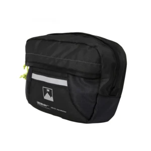 56LVHBP-Laser-Velo-Handlebar-Black-1500x1500-1-1.jpg Small black rectangular bike handlebar bag made from textured ripstop fabric with a top zipper, front reflective strip and lime-green zipper pulls, shown against a white background.